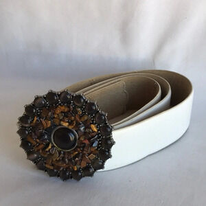 Off-white genuine leather belt with brown stone bling buckle, size M